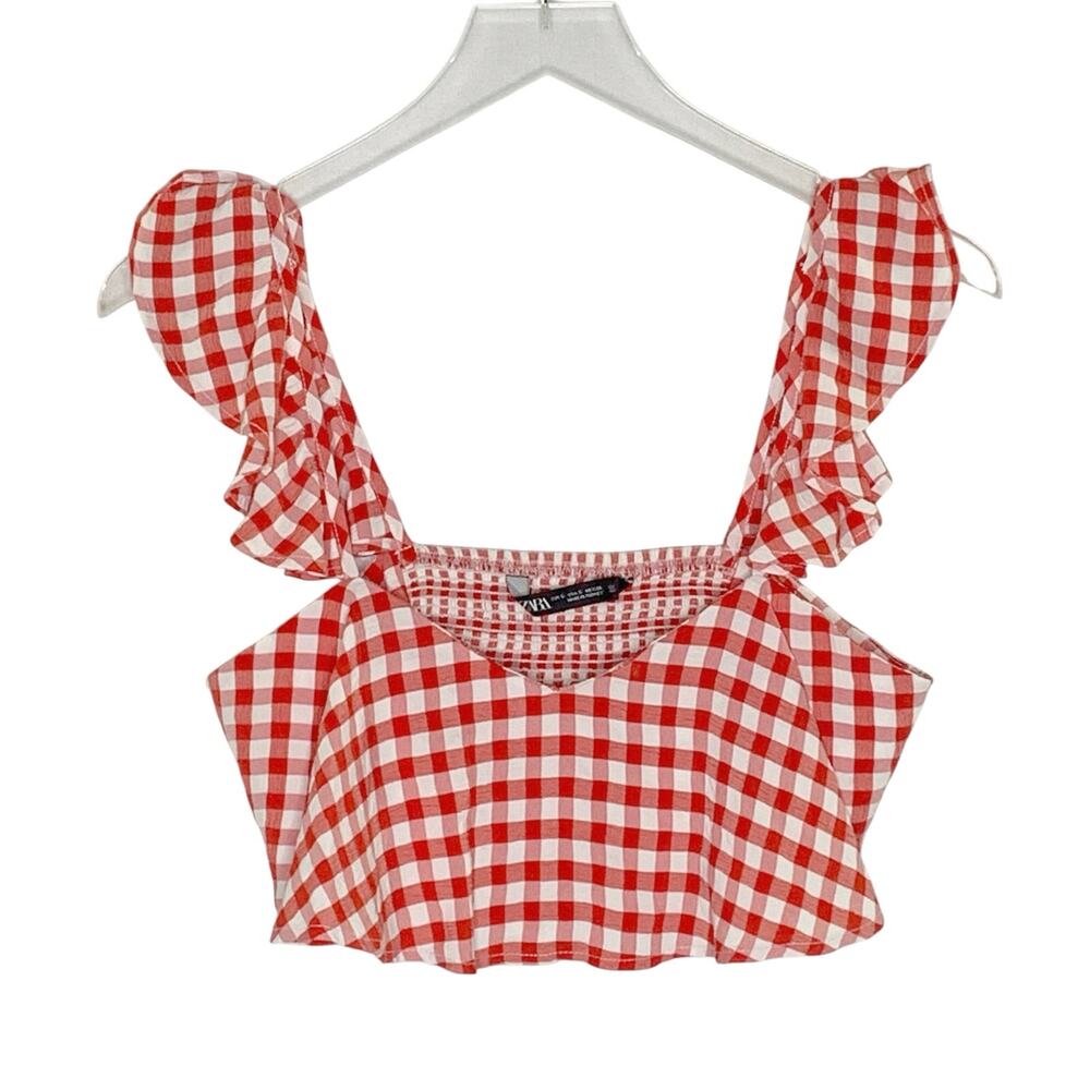 Zara Red White Gingham Cropped Top S Check Ruffle Retro Picnic Summer